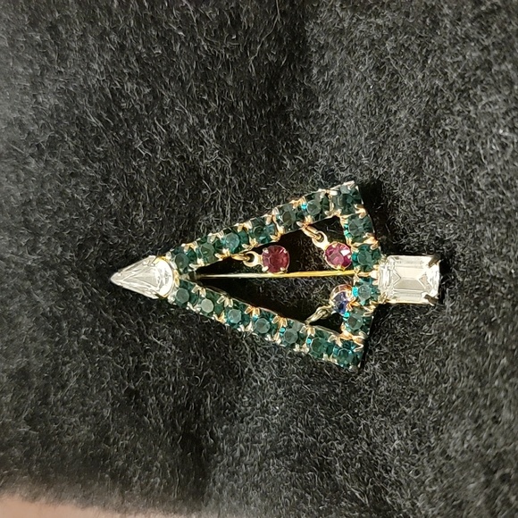 Christmas Tree Holiday Green Red Blue Clear Faux Stones Gold Tone Brooch Pin - Picture 10 of 16